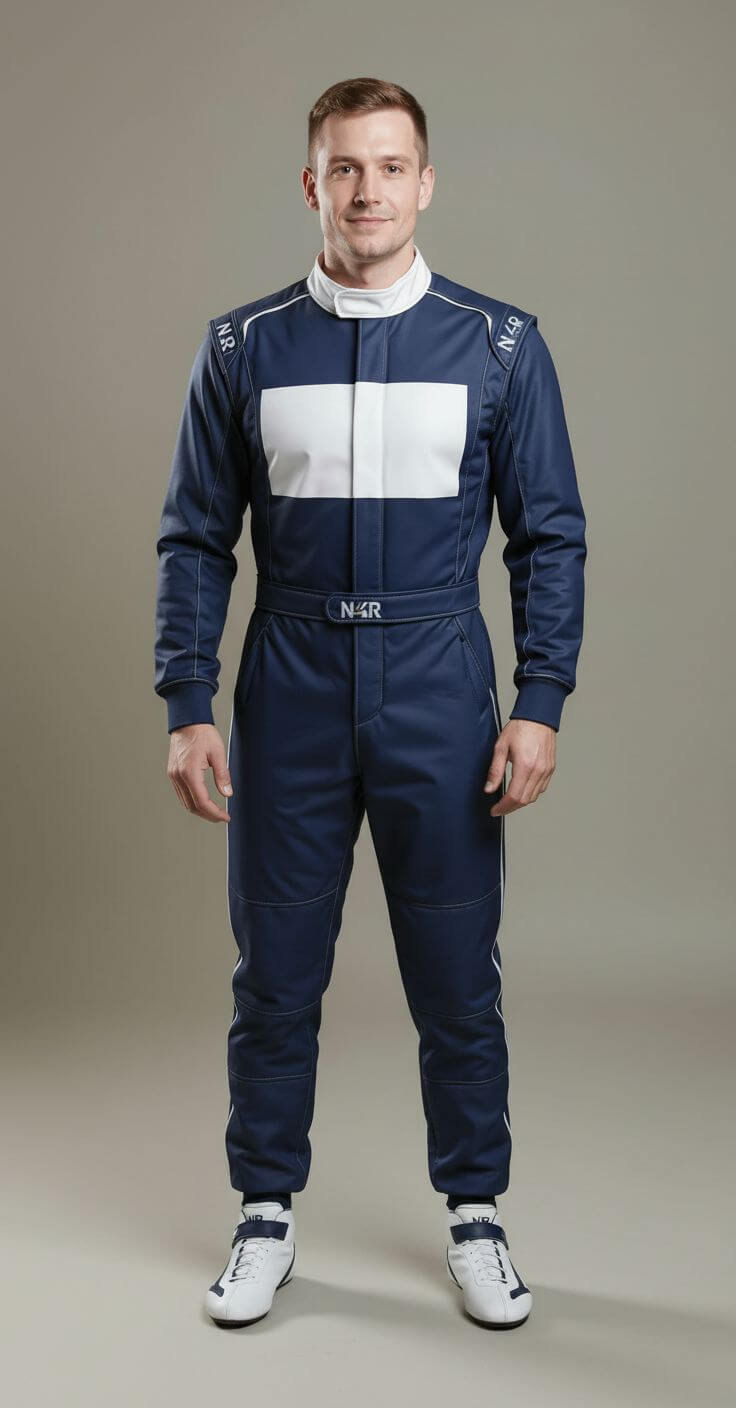 Model wearing the N4R Trademark Deep Blue racing suit.